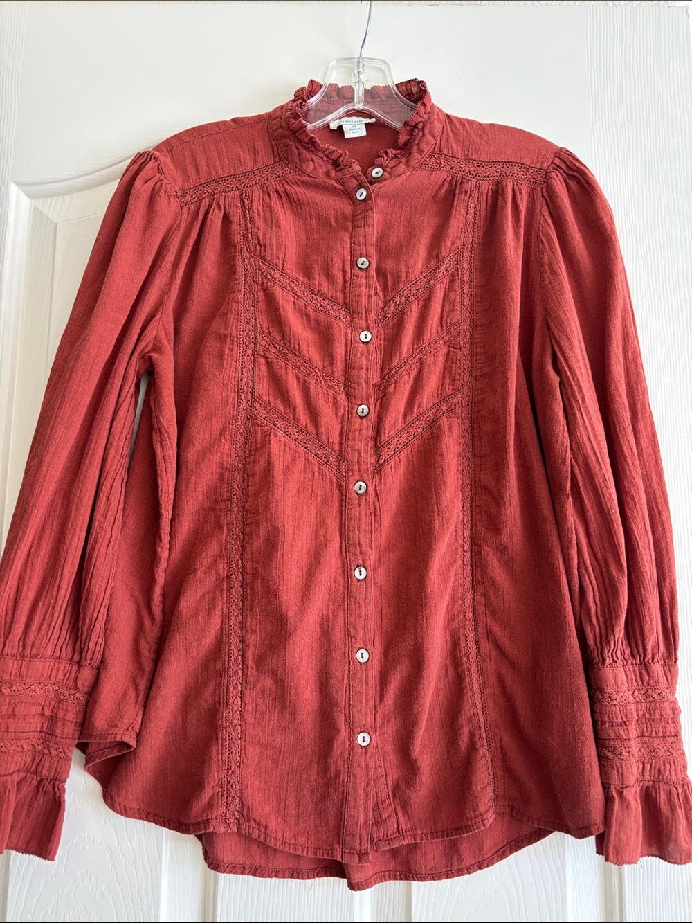 Sundance rust  red long-sleeve button-down blouse with ruffle neck